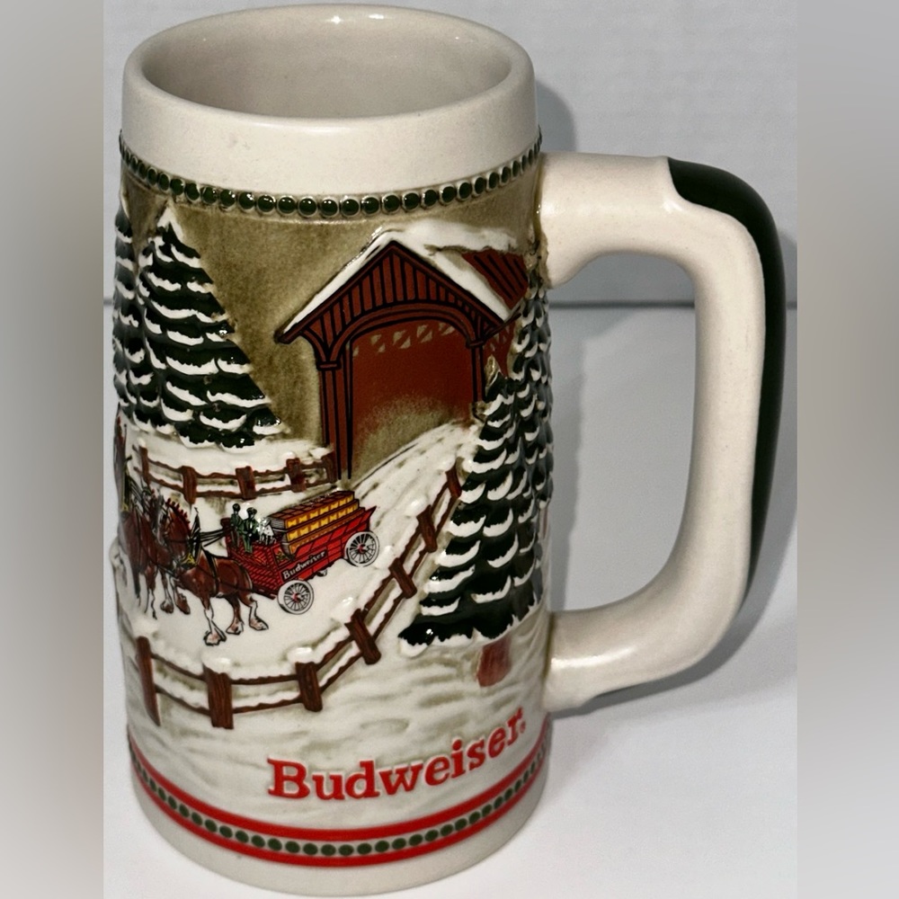 Budweiser Clydesdale Beer Stein Christmas Holiday Mug Wagon Bridge Ceramarte